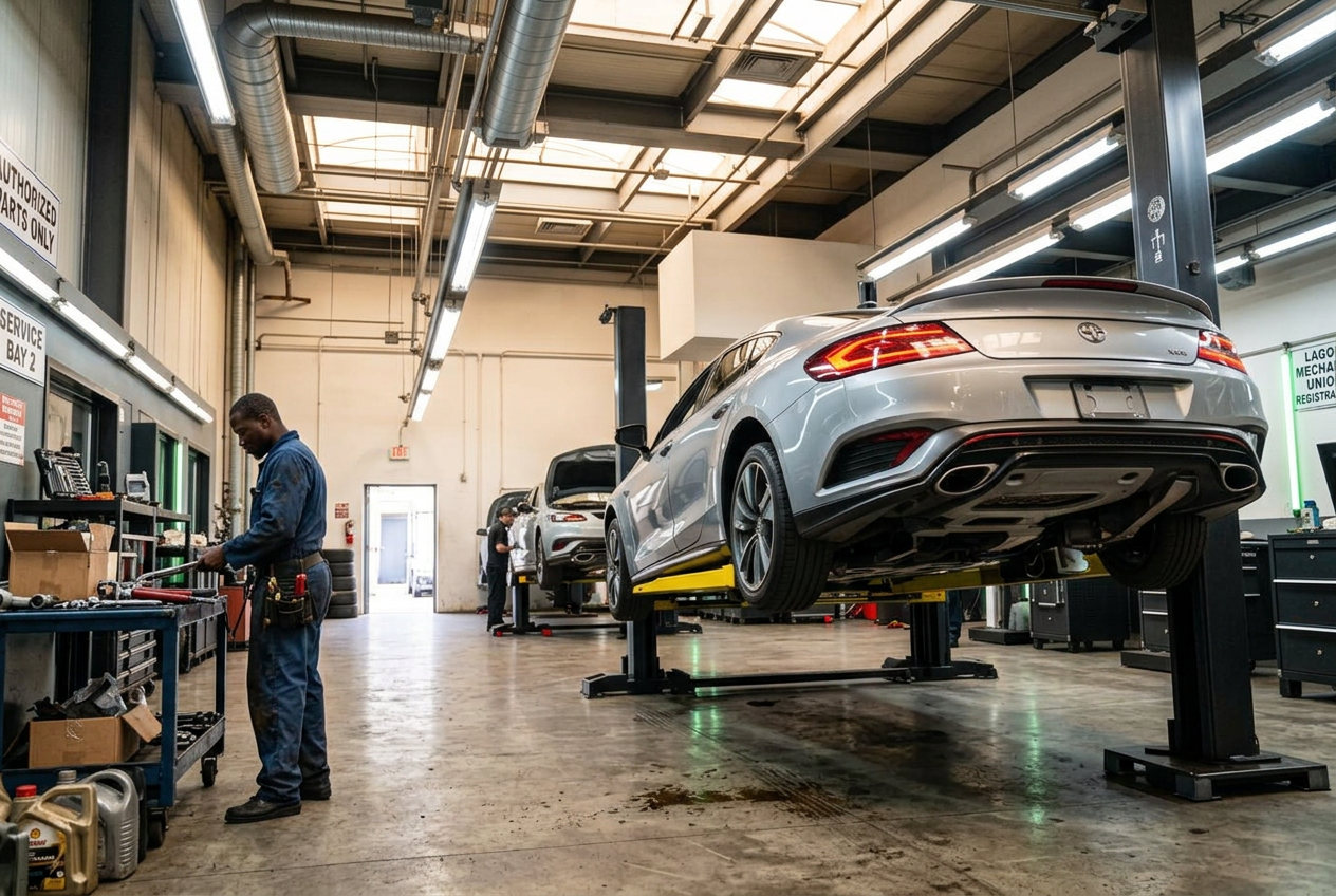 Technicians working on a vehicle inside the Green Autos workshop in Lagos